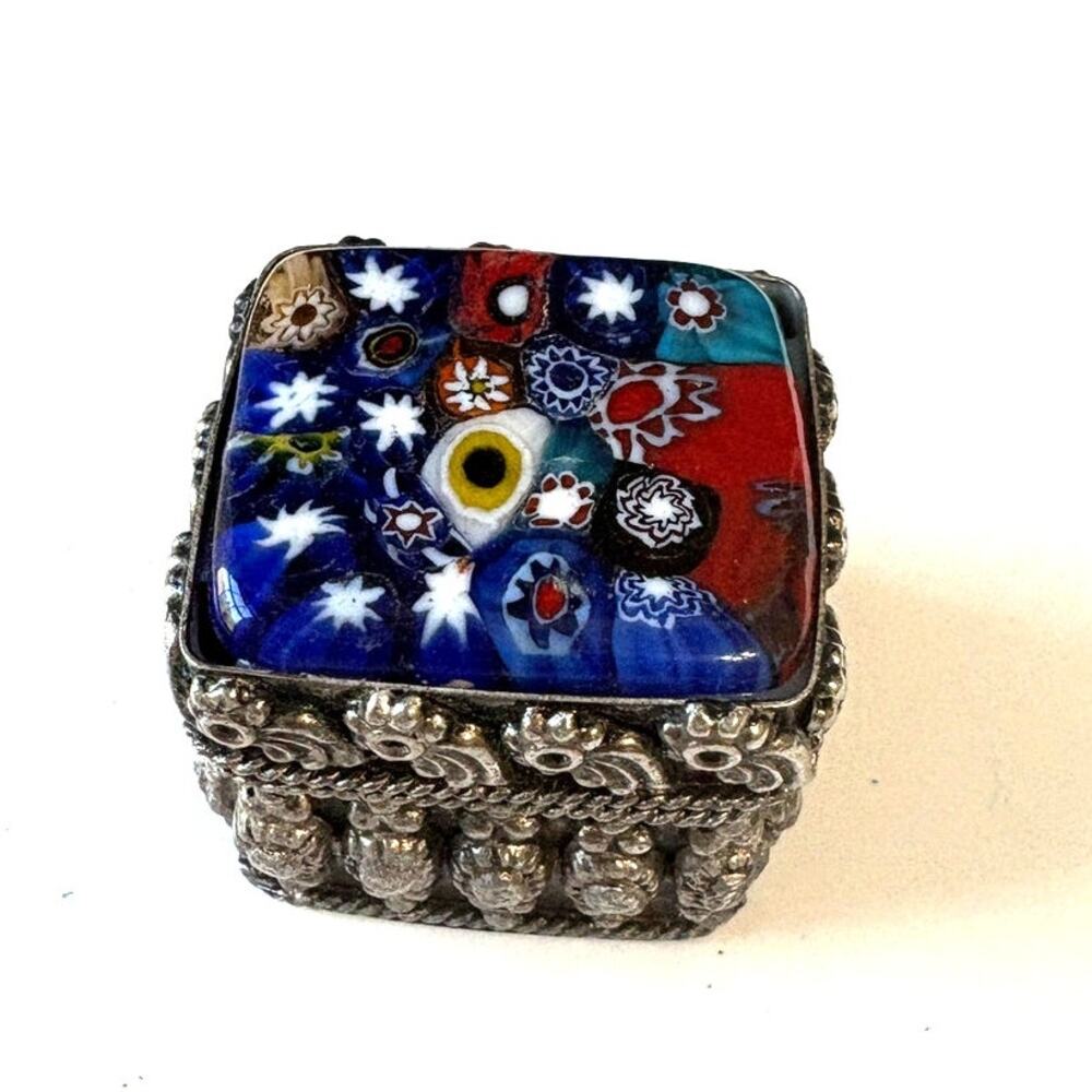 Vintage Millefiori Style Glass Trinket Box Made in India Floral Mosaic